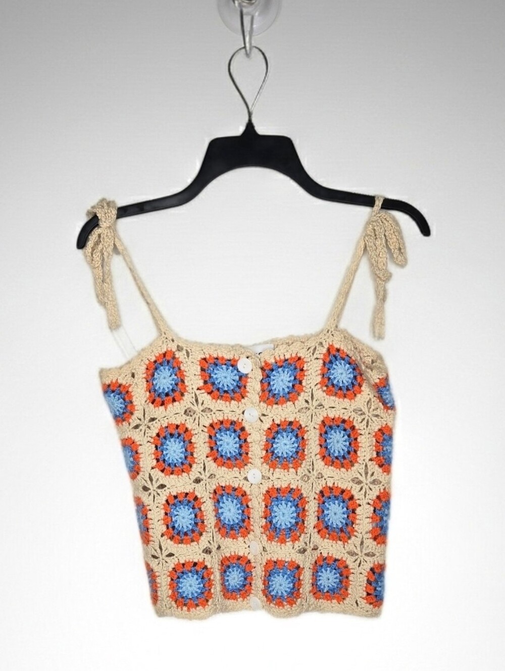 FRNCH Paris By Revolve Handmade Granny Squares  Crochet Tie-Strap Tank Top M.